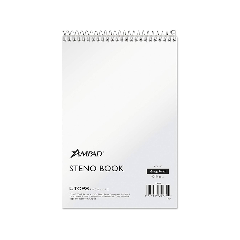 TOPS Second Nature Steno Pad, 6 x 9, Gregg Ruled, White, 80 Sheets/Pad