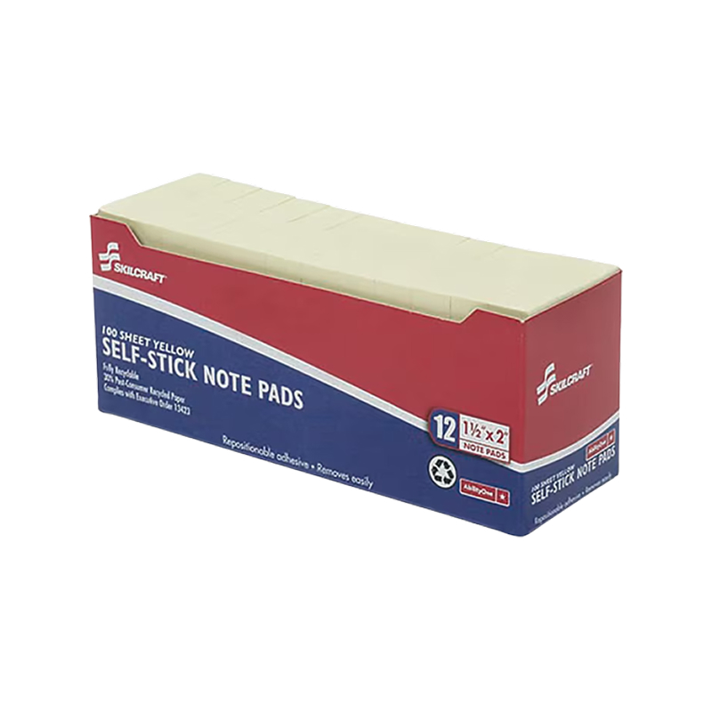 Skilcraft Recycled Notes, 3 x 3, Yellow, 100 Sheet/Pad, 12 Pads/Pack