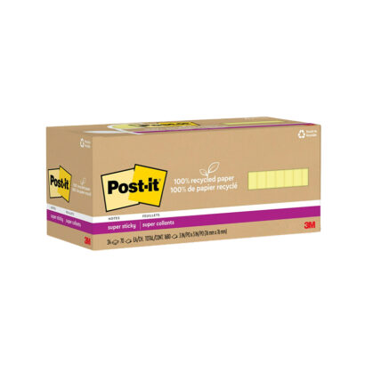 Post-it Recycled Super Sticky Notes, 3 x 3, Canary Collection, 70 Sheets/Pad, 24 Pads/Pack