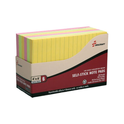 Skilcraft Recycled Notes, 4 x 6, Assorted Neon, Lined, 100 Sheet/Pad, 6 Pads/Pack