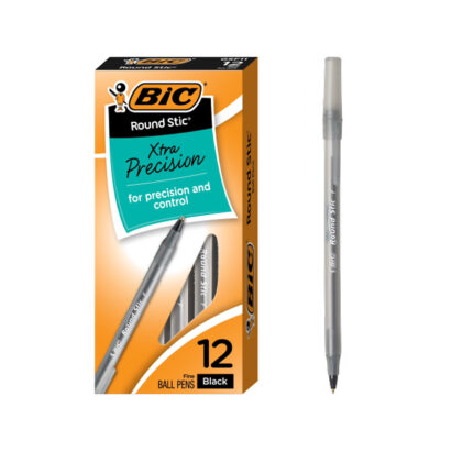 BIC Round Stic Xtra Precision Ballpoint Pens, Fine Point, 0.8mm, Black Ink, Dozen