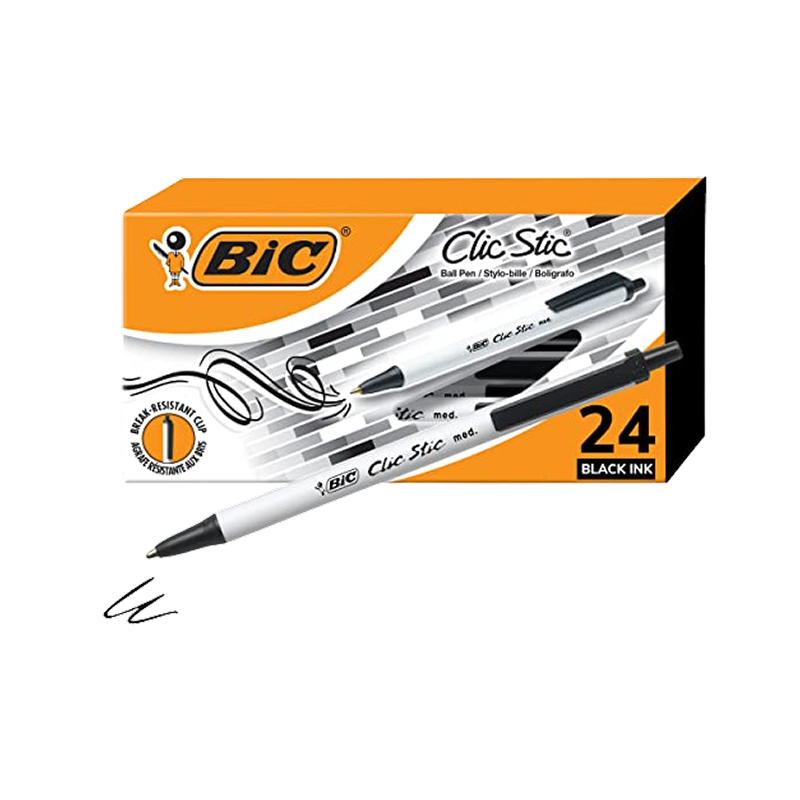 BIC Clic Stic Retractable Ballpoint Pen, Medium Point, 1.0mm, Black Ink, 24/Pack