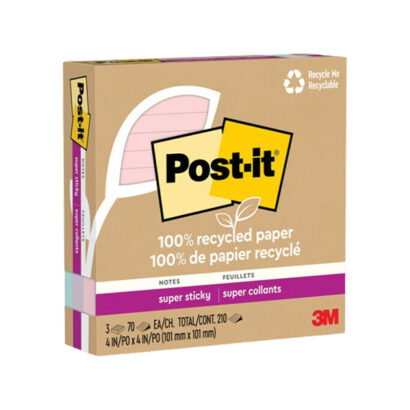 Post-it Recycled Super Sticky Notes, 4 x 4, Wanderlust Pastels Collection, Lined, 70 Sheets/Pad, 3 Pads/Pack