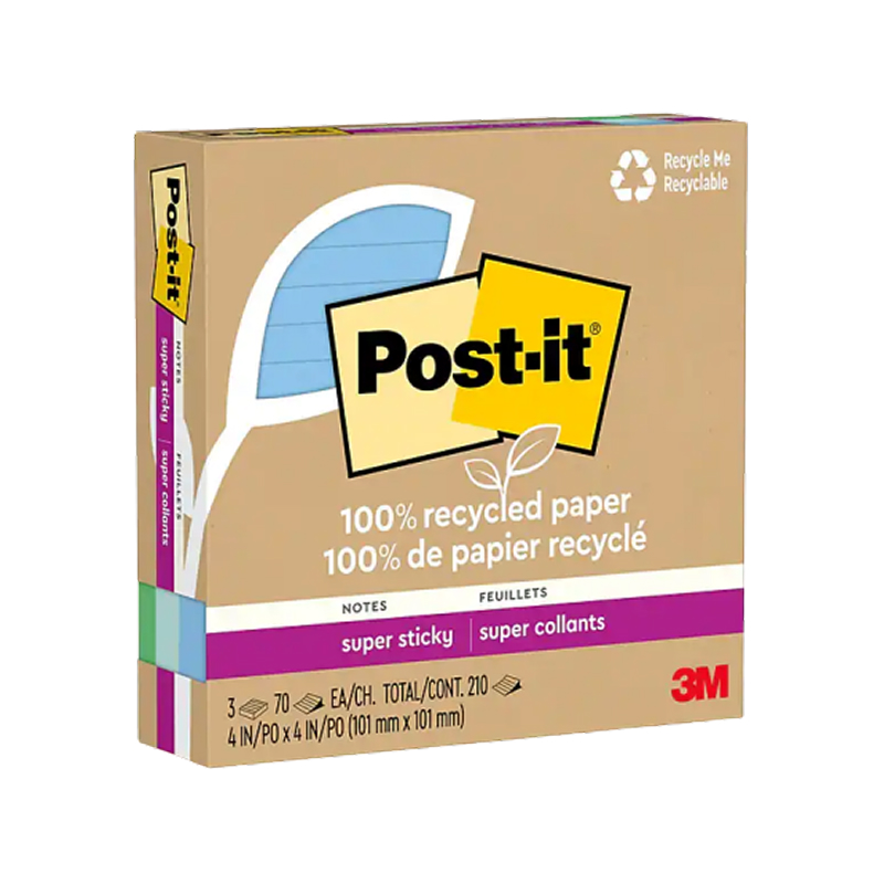 Post-it Oasis Recycled Super Sticky Notes, 4 x 4, Oasis Collection, Lined, 70 Sheets/Pad, 3 Pads/Pack