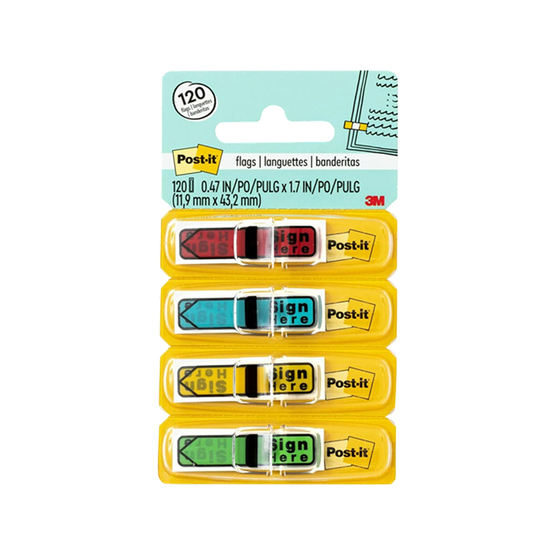 Post-it 'Sign Here' Message Flags, .5 Wide, Assorted Colors, 120 Flags/Pack