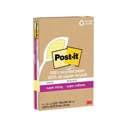 Post-it Recycled Super Sticky Notes, 4 x 6, Canary Collection, 45 Sheets/Pad, 4 Pads/Pack