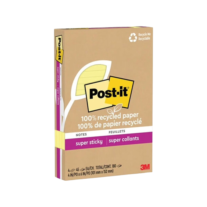 Post-it Recycled Super Sticky Notes, 4 x 6, Canary Collection, 45 Sheets/Pad, 4 Pads/Pack