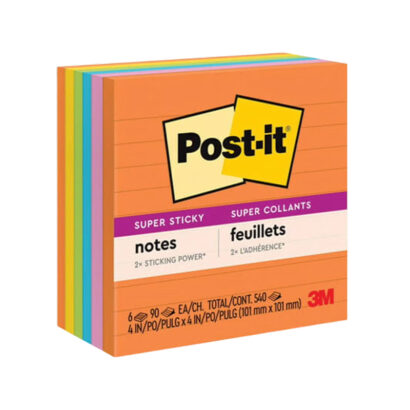 Post-it Recycled Super Sticky Notes, 4 x 4, Wanderlust Pastels Collection, Lined, 90 Sheet/Pad, 6 Pads/Pack