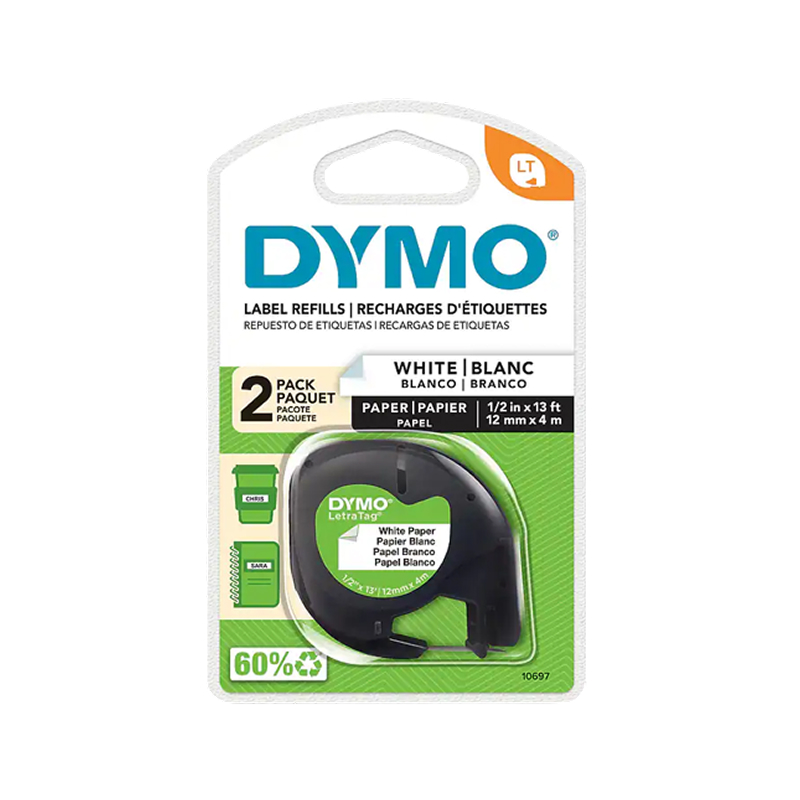 DYMO LetraTag 10697 Label Maker Tape, 1/2 x 13', Black on White, 2/Pack