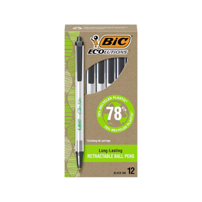 BIC Ecolutions Clic Stic Retractable Ballpoint Pens, Medium Point, Black Ink, Dozen